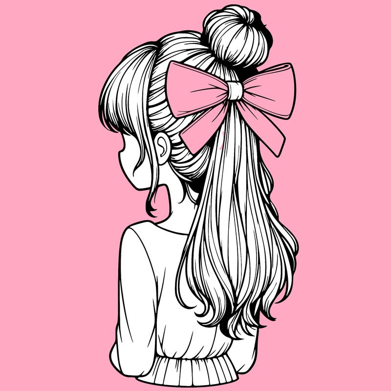 realistic girl  with hip length hair a bun and a big bow on the back of head