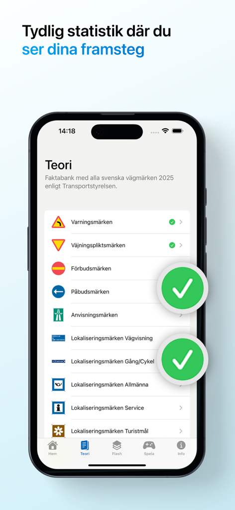 Vägmärken – ta körkort - Mobile app interface displaying Swedish road sign theory categories and completion status.