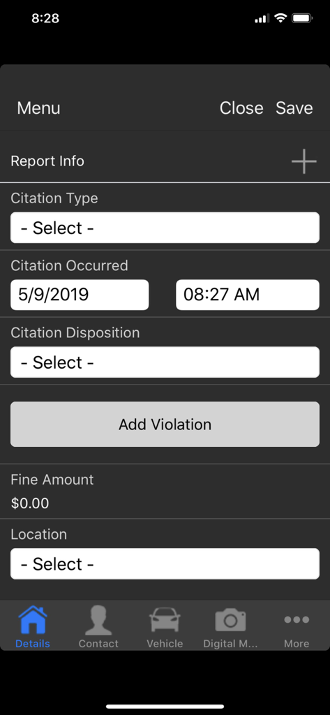 Interfaccia del software mobile Omnigo che mostra la schermata di reportistica delle sanzioni con campi per il tipo di violazione e la data