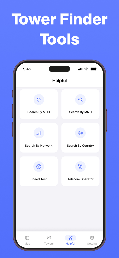 Cellular Tower & Signal Finder - Mobile app screen showing cellular tower search tools and network speed test options