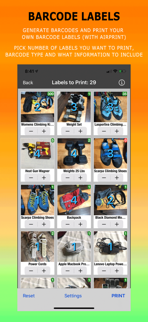 Smarter Inventory - A mobile screen showing an inventory item grid with options to select quantities and print barcode labels.