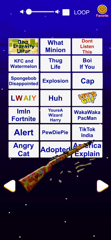 Interfaz de la aplicación Caja de Sonidos de Efectos de Memes mostrando una cuadrícula de botones de sonido populares como Thug Life y One Eternity Later