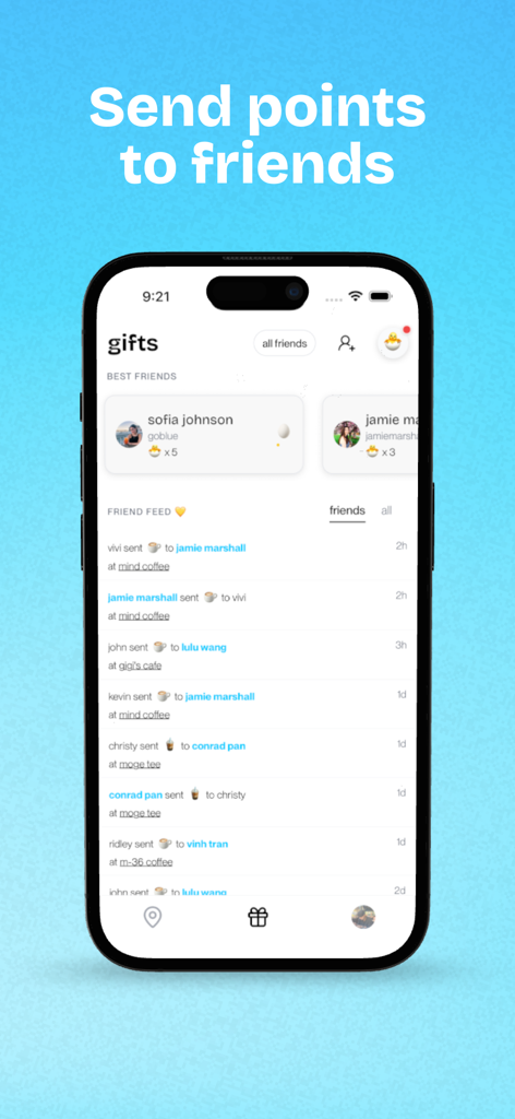 Écran de l'application Snackpass pour envoyer des points à des amis avec un fil d'actualité des activités récentes.