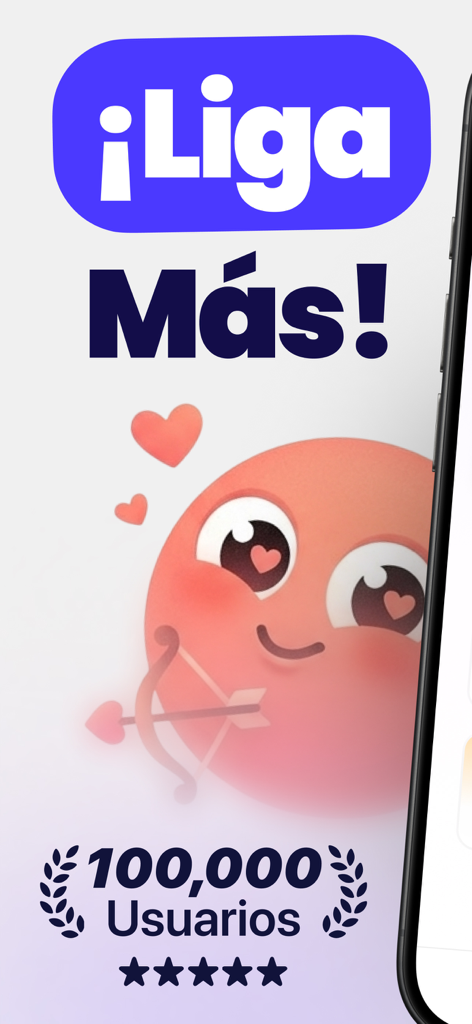 Liggo: Respuestas con IA - Pantalla promocional del asistente de citas con IA Liggo mostrando un lindo icono de Cupido y 100000 usuarios