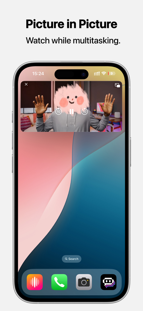 Screenshot of the TubePod app showcasing the Picture-in-Picture multitasking feature on an iPhone.
