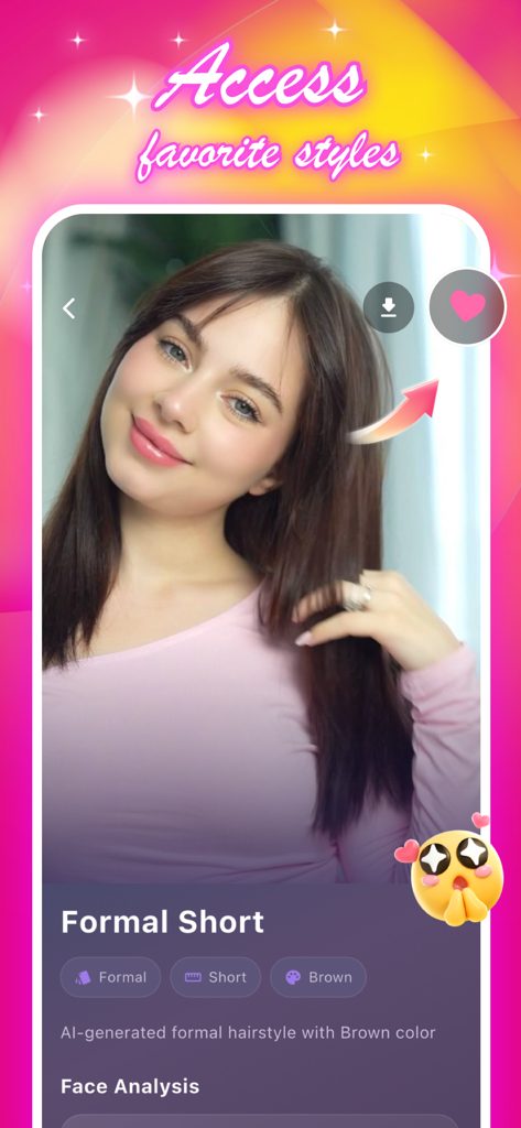 Silk - Your AI Hair Stylist - A mobile app screen showing a woman trying on an AI generated formal short brown hairstyle with an option to access favorite styles.