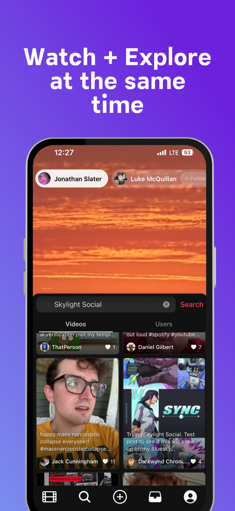 Mobile screen of the Skylight Social app showing simultaneous video watching and content exploration.