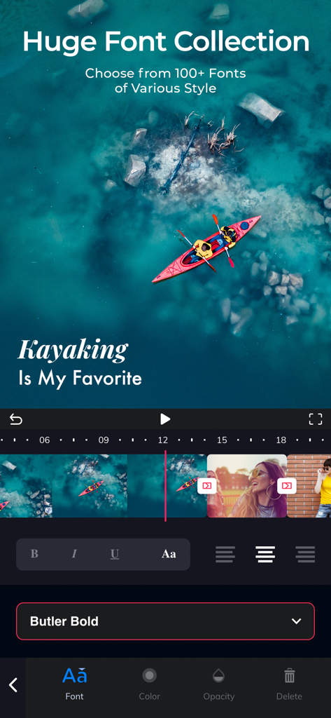 Add Music to Video‎‎‏‏‎ ‎ - Mobile app interface showing text overlay options and font collection for video editing