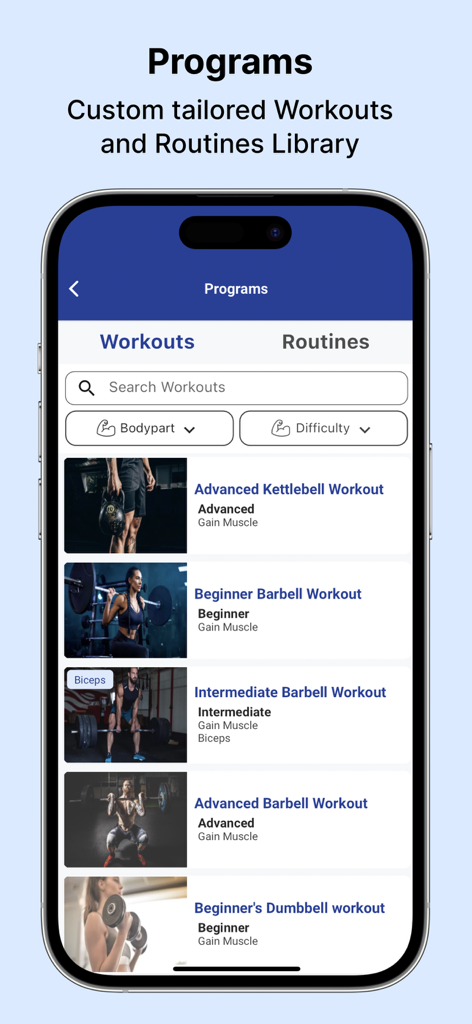 MuscleWiki app showing a library of tailored workout programs for different skill levels