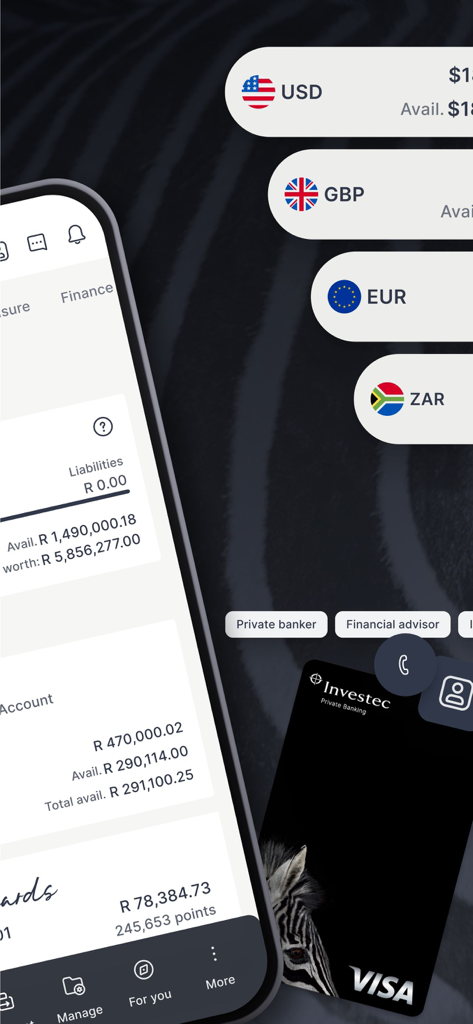 Interface do aplicativo Investec Private Client mostrando saldos de contas multimoeda e um cartão Visa preto premium