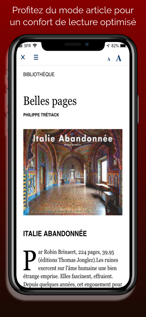 ELLE Décoration Magazine - Smartphone screen showing the ELLE Decoration app interface in optimized reading mode with an article about Italian interior design.