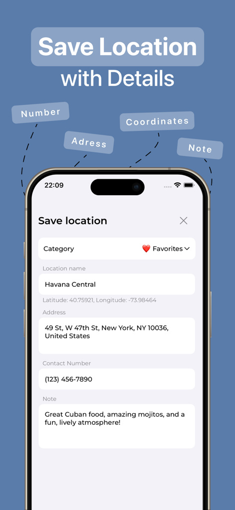 Location & GPS Saver - Share - Interfaz de la aplicación Logation mostrando campos detallados para guardar una ubicación, incluyendo nombre, dirección y notas personales