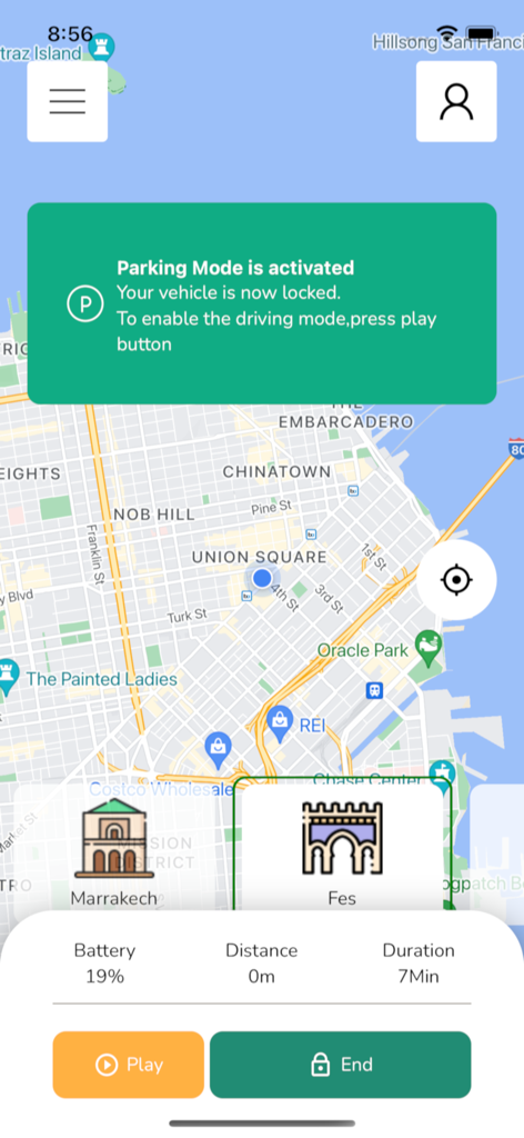 POGO sharing - Smartphone screen of the POGO sharing app showing a vehicle locked in parking mode over a map of San Francisco.