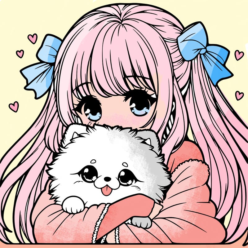 manga girl cuddling a kawaii pomeranian