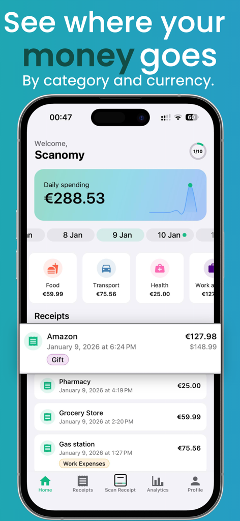Scanomy app dashboard showing daily spending summary and categorized expense receipts