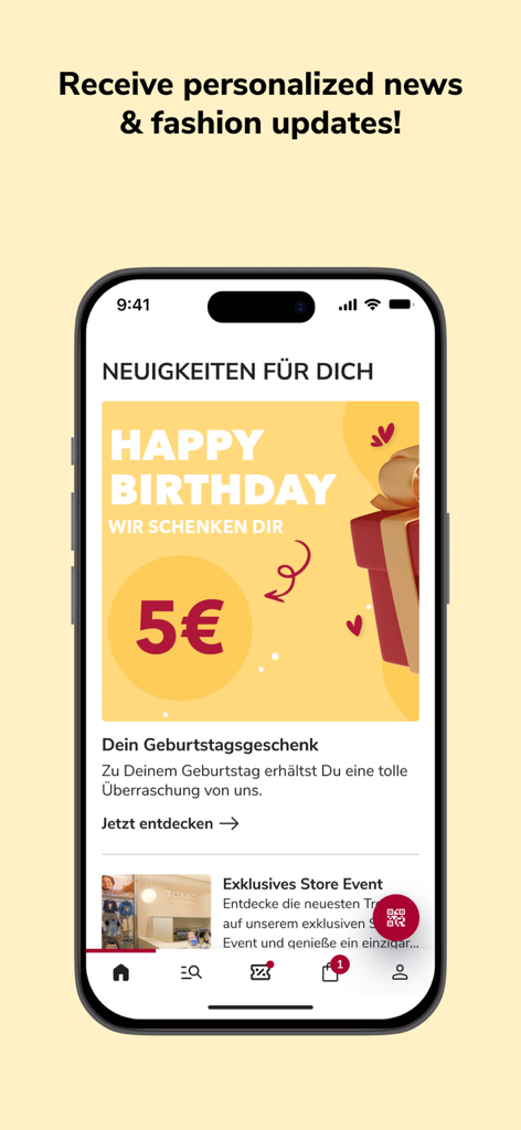 Takko Friends App-Oberfläche mit personalisierten Mode-Nachrichten und einem Geburtstagsgeschenkgutschein über fünf Euro