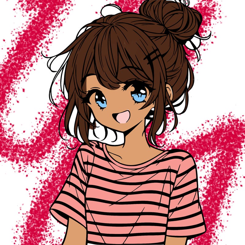 anime girl teenager striped shirt and smile and messy bun
