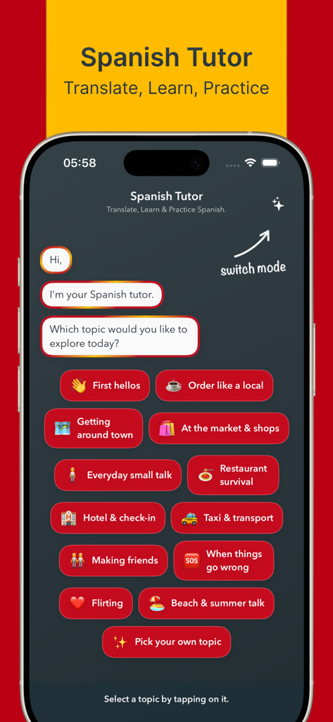 Spanish Tutor app interface with travel-themed conversational categories for learning Spanish