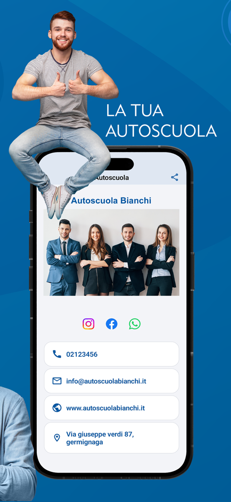 SIDA Quiz Patente app screen showing a driving school profile with contact details and instructor team