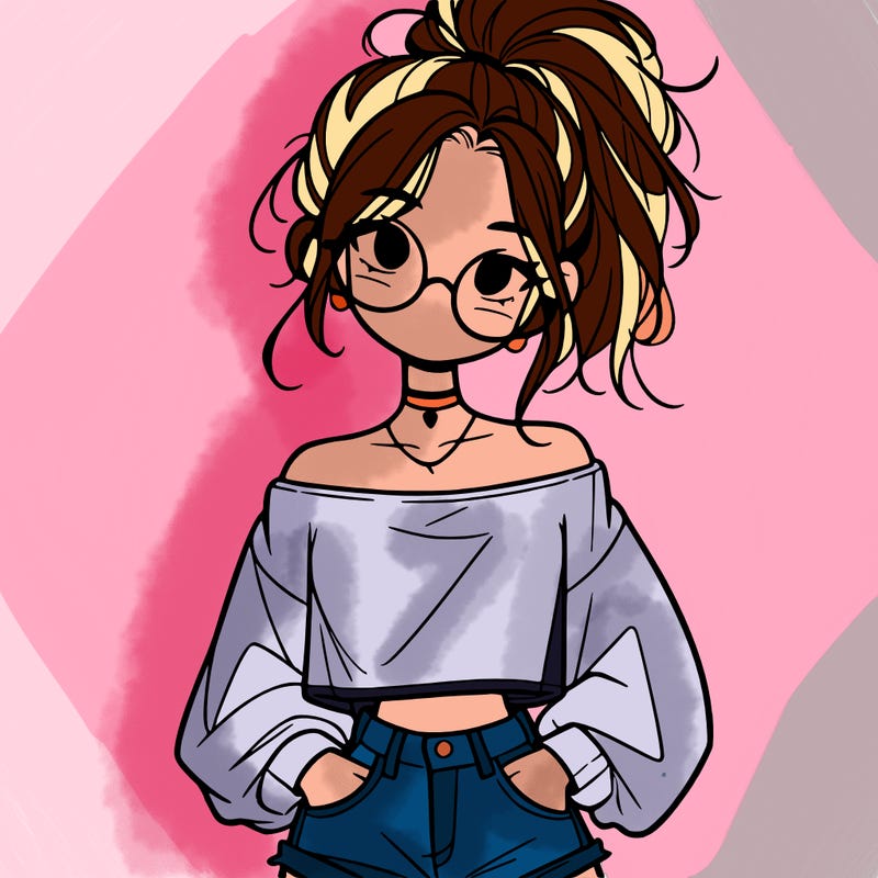 girl with a messy ponytail glasses a baggy crop top and jean shorts