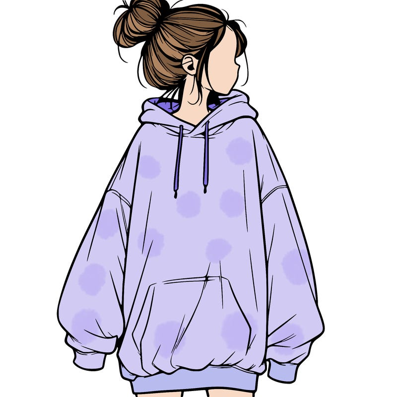 realistic girl with a oversized sweatshirt on and a bun