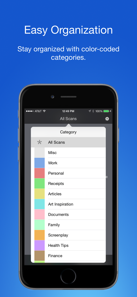 スキャンされたドキュメントを整理するためのカラーコーディングタグとカテゴリを表示するスマートフォンの画面