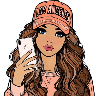 realistic beautiful girl wearing los ángeles cap holding an iphone