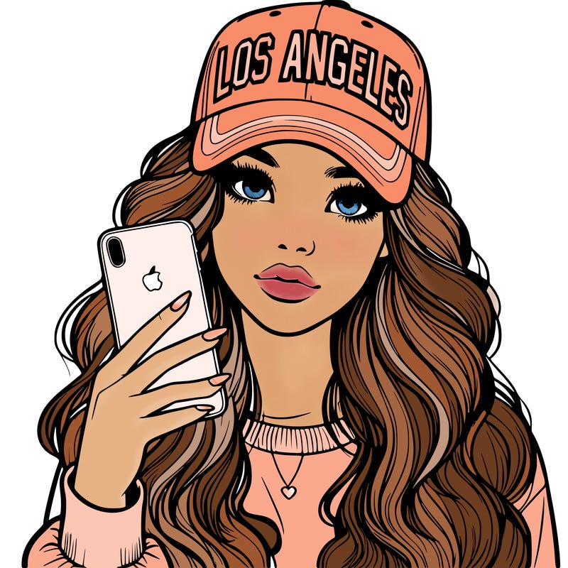 realistic beautiful girl wearing los ángeles cap holding an iphone