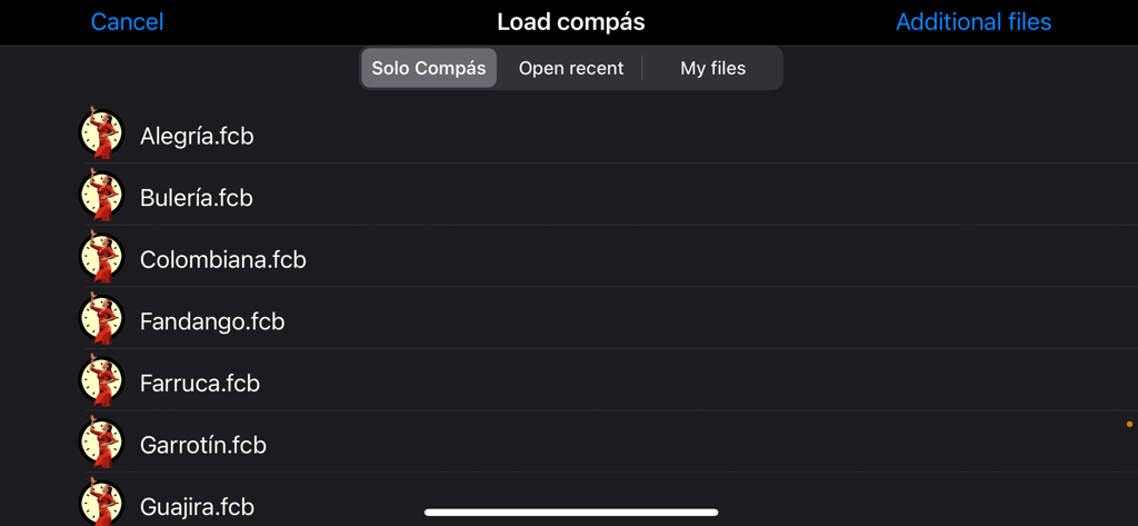 Compás Builder - Una lista de varios archivos de ritmo flamenco como Alegría y Bulería en el menú de carga de la aplicación Compás Builder