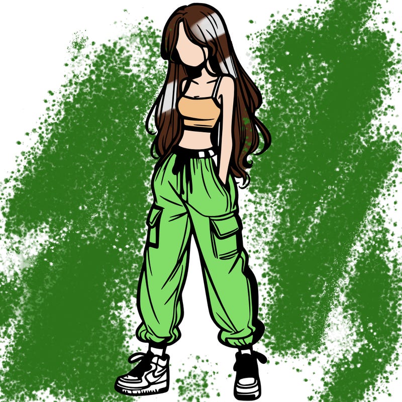 girl in baggy pants crop top and long hair