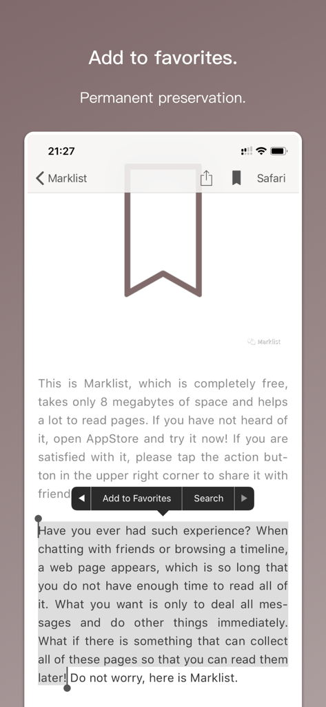 Marklist - Manage Later Things - Interface of the Marklist app showing a text selection with an option to add to favorites for permanent preservation