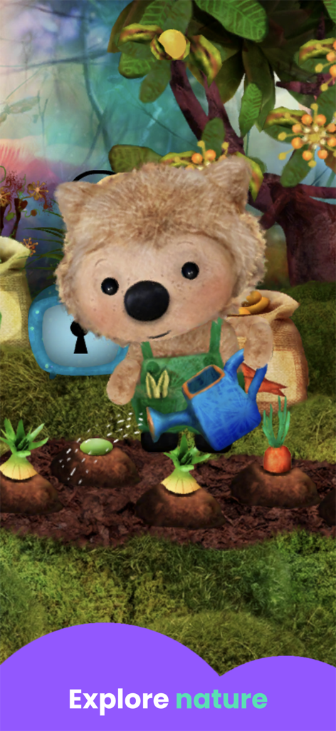 Adventure Games: for Kids - A cute furry character in green overalls watering a vegetable garden in a whimsical forest setting.