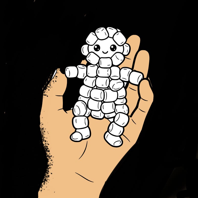 mini marshmallow baby and a hand that is grabbing it