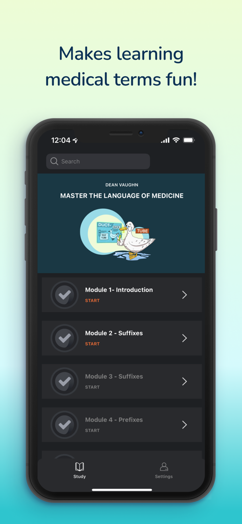A interface do aplicativo DeanVaughn Medical Terminology exibindo uma lista de módulos de estudo para prefixos e sufixos com auxílios visuais mnemônicos