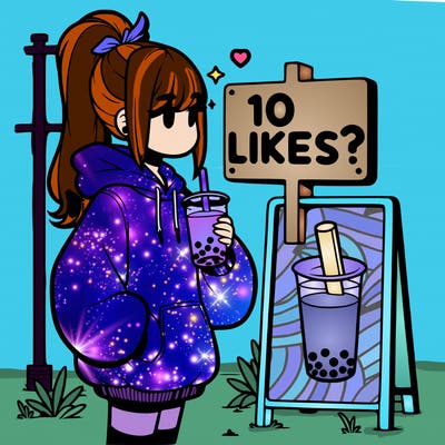 girl with oversized hoodie drinking boba and she has a high ponytail with a sign that says 10likes?