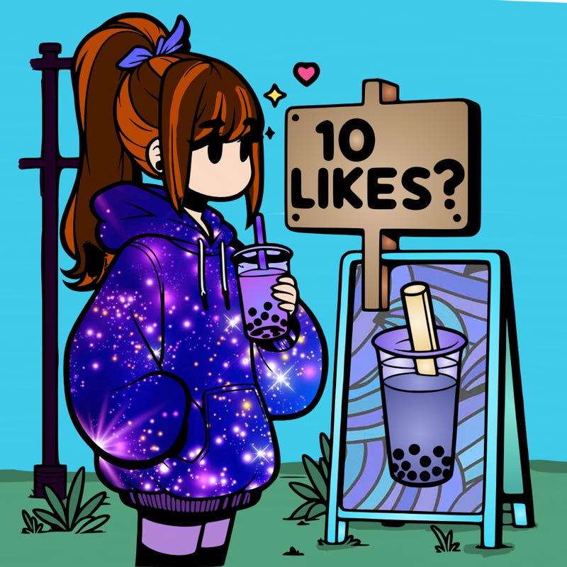 girl with oversized hoodie drinking boba and she has a high ponytail with a sign that says 10likes?