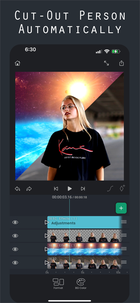 Superimpose V - Video Editor - Superimpose V video editor app interface demonstrating the automatic person cutout feature on a multi track timeline