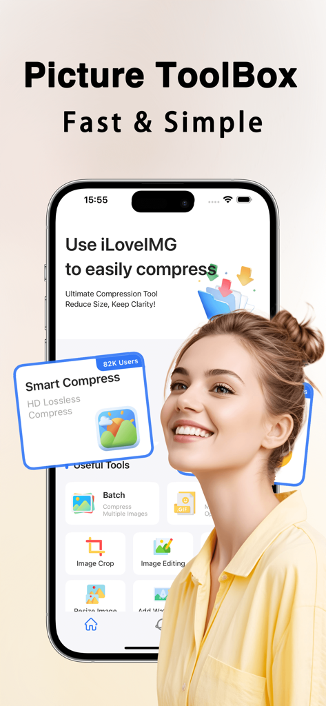 iPhone-Bildschirm mit der iLoveIMG App mit Bildkomprimierungs- und Bearbeitungswerkzeugen