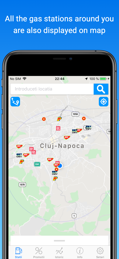 Kartenansicht von Tankstellen in Cluj-Napoca, Rumänien, innerhalb der Peco Online App