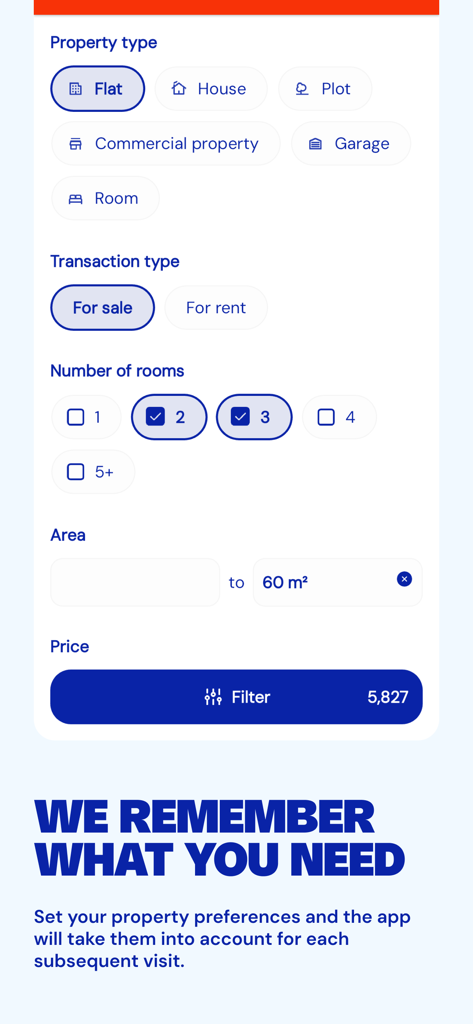 Gratka - Gratka app screen showing real estate search filters for property type and area
