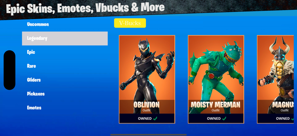 Interface of the Daily Shop Maker app showing legendary Fortnite skins for a custom item shop