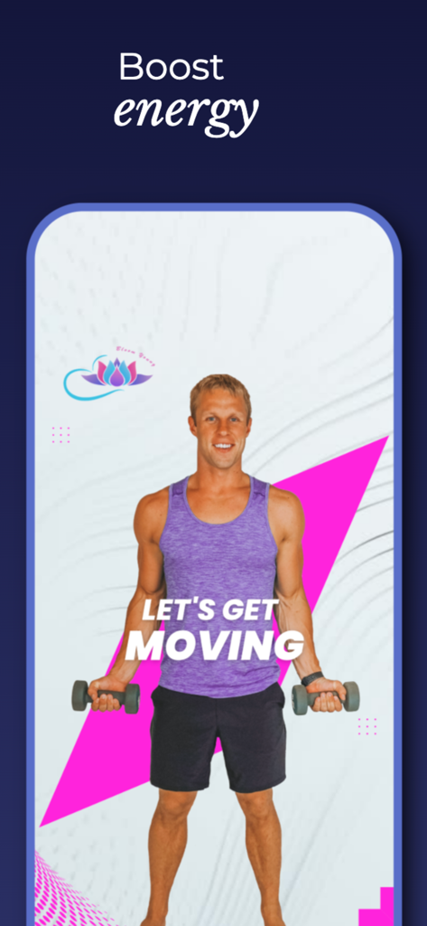 Bloom Young - Bloom Young app screen with fitness instructor holding dumbbells and text Boost energy