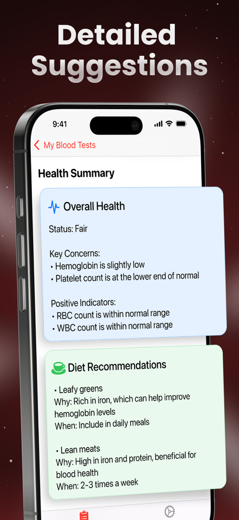 AI Blood Test Analyzer - A smartphone showing the AI Blood Test Analyzer app with a health summary and personalized diet recommendations based on lab results.