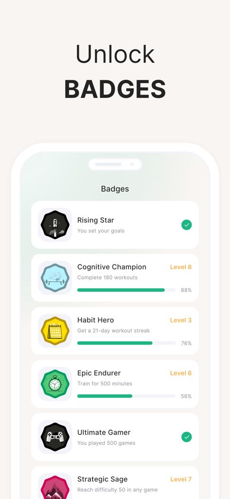 Interface of the Propel ADHD app showing unlockable achievement badges and user progress bars