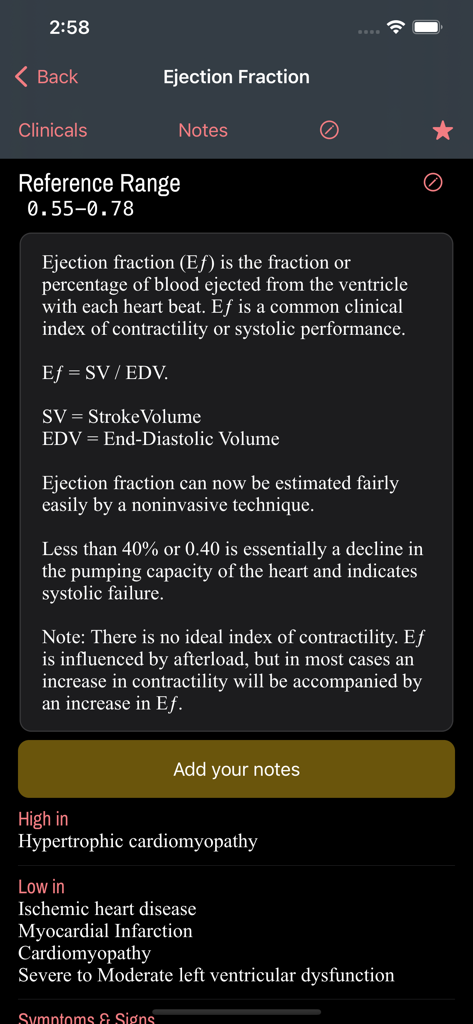 LabGear – Medical Lab Tests - Écran de référence clinique pour la fraction d'éjection affichant la plage de référence et la formule dans l'application LabGear.