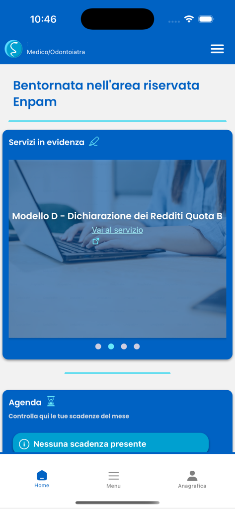 Tableau de bord de l'écran d'accueil de l'application mobile ENPAM Iscritti pour médecins et dentistes.
