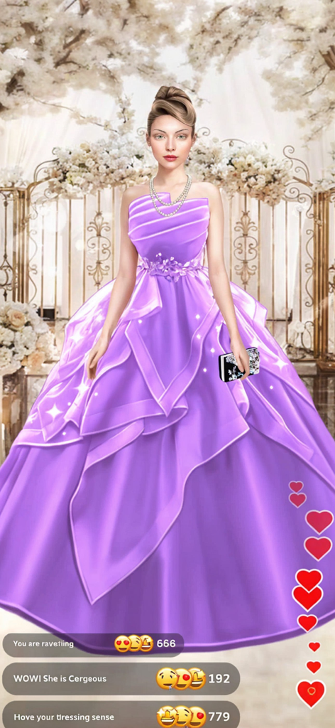 Wedding Fashion Stars - A bride in a layered purple ballgown with pearl jewelry in a wedding fashion game social media livestream interface.