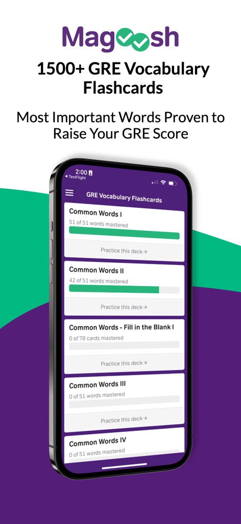 GRE Vocabulary Flashcards - Magoosh GRE Vocabulary Flashcards app showing different word decks and progress bars for mastered words.