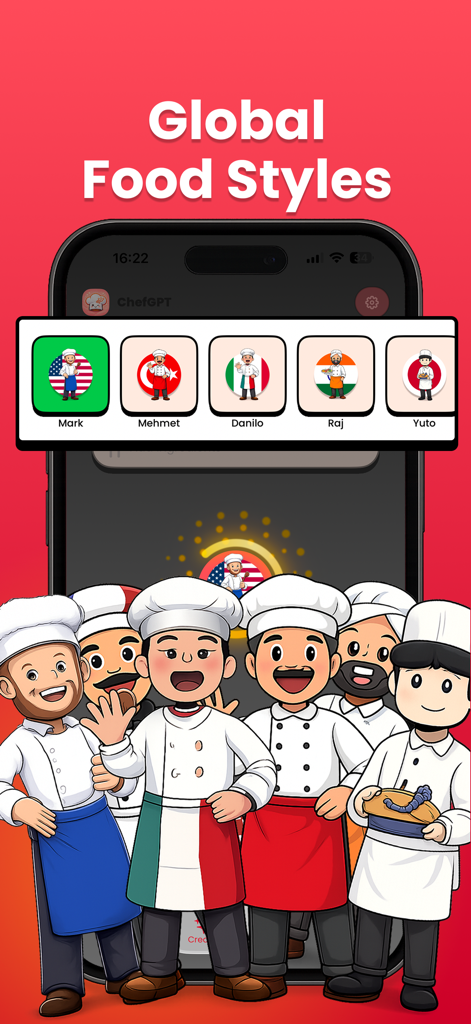 AI Recipes: Cook Ingredients - AI 레시피 앱 인터페이스에 세계 각국의 음식 스타일에 대한 다양한 셰프 옵션 표시