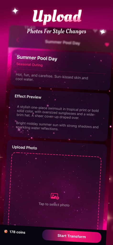 Interface of the Conee app showing a Summer Pool Day style transformation and photo upload area
